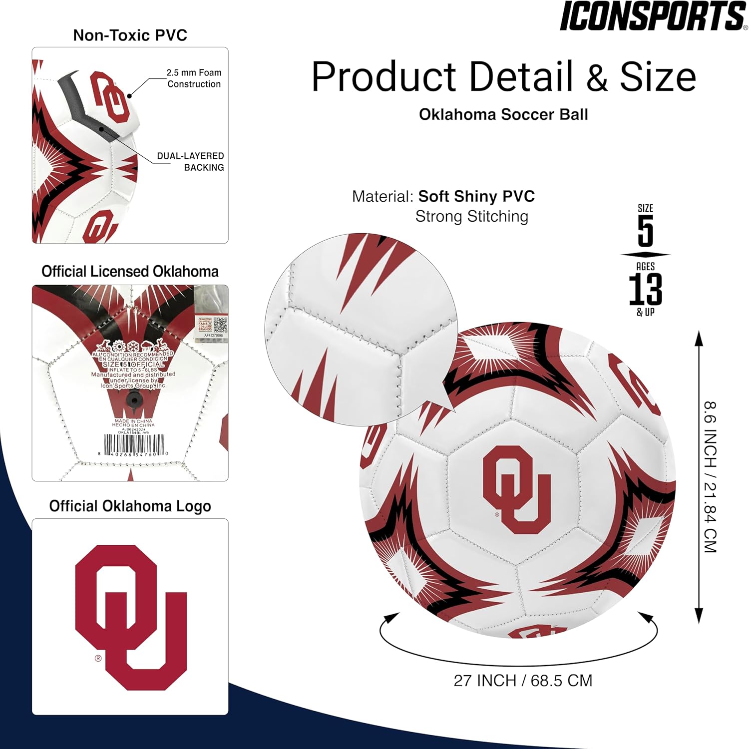 Oklahoma University Kaleidoscope Regulation Size 5" College Soccer Ball