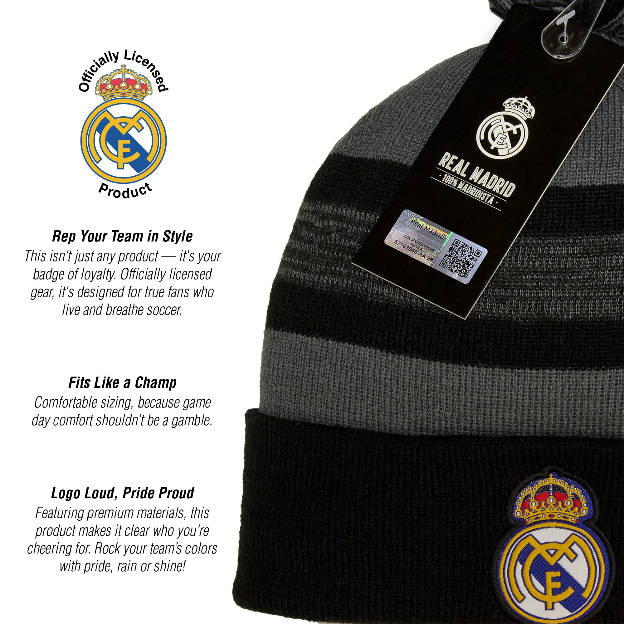 Real Madrid CF Striped Premium Soft Knit Pom Beanie