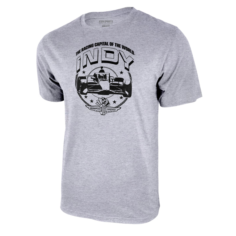 Indy 500 Racing Car Adult Graphic T-Shirt in Heather Grey for Men by Icon Sports