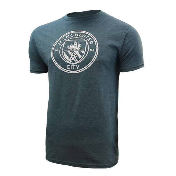 Manchester City Distressed Logo T-Shirt - Heather Navy Blue by Icon Sports