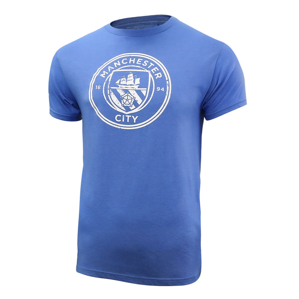 Manchester City Distressed Logo T-Shirt - Heather Light Blue by Icon Sports